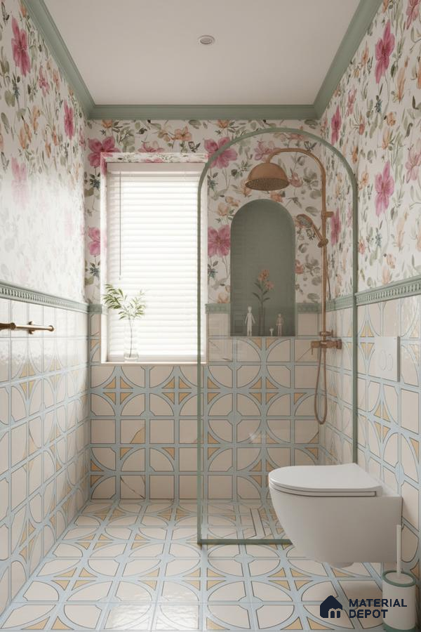 Eclectic bathroom with floral patterned wall tiles and geometric pastel floor and wall tiles in Bengaluru | Material Depot