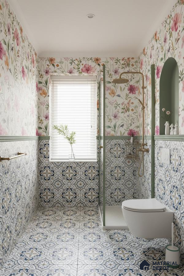 Eclectic bathroom with floral wallpaper and blue patterned moroccan tiles in Bengaluru | Material Depot