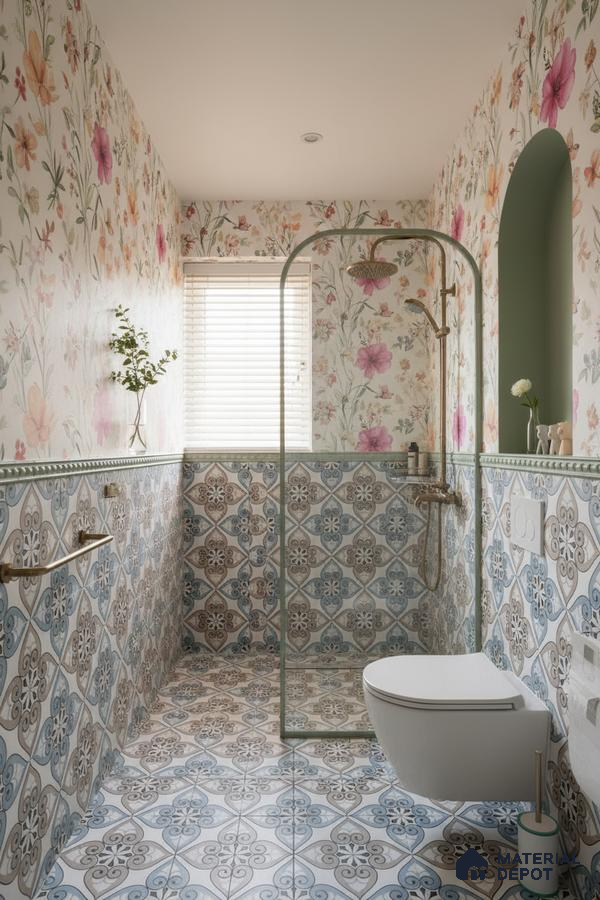 Eclectic bathroom with floral wallpaper and blue-brown patterned moroccan tiles in Bengaluru | Material Depot