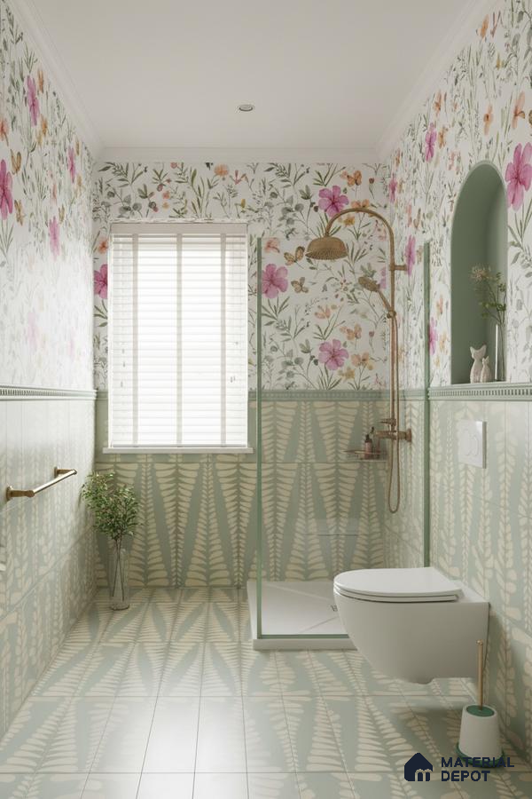 Eclectic bathroom with floral wallpaper and fern patterned green wall and floor tiles in Bengaluru | Material Depot