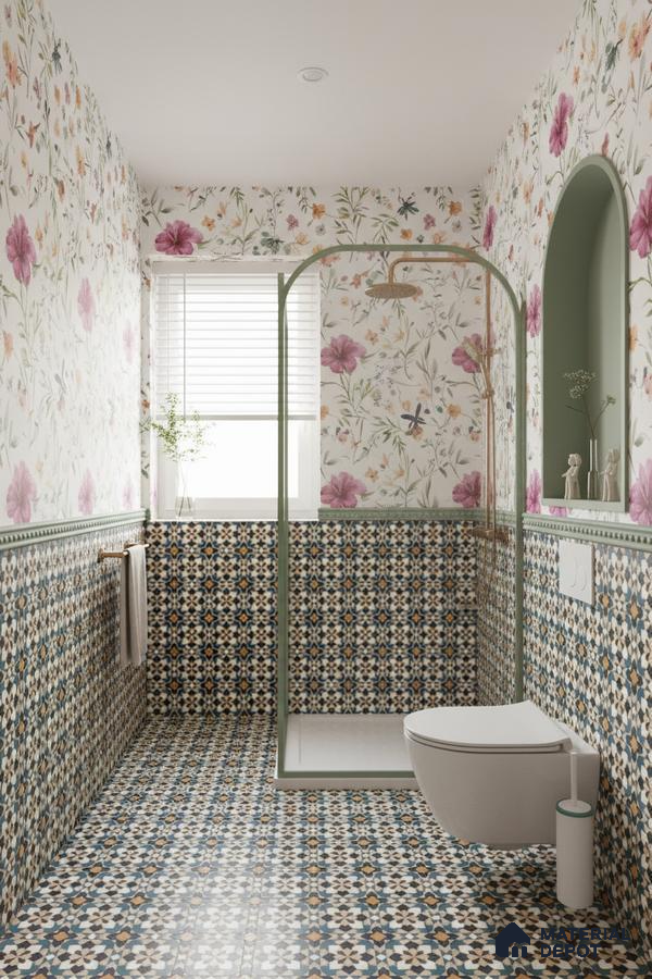 Eclectic bathroom with floral wallpaper and geometric moroccan patterned tiles in Bengaluru | Material Depot