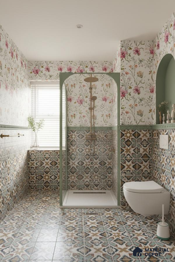 Eclectic bathroom with floral wallpaper and multicolor moroccan patterned tiles in Bengaluru | Material Depot