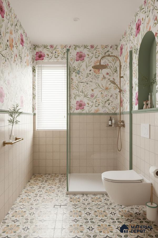 Eclectic bathroom with floral wallpaper, beige wall tiles, and patterned floor tiles in Bengaluru | Material Depot