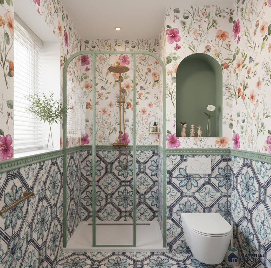 Eclectic bathroom with floral wallpaper, blue-green patterned tiles, and sage green accents in Bengaluru | Material Depot