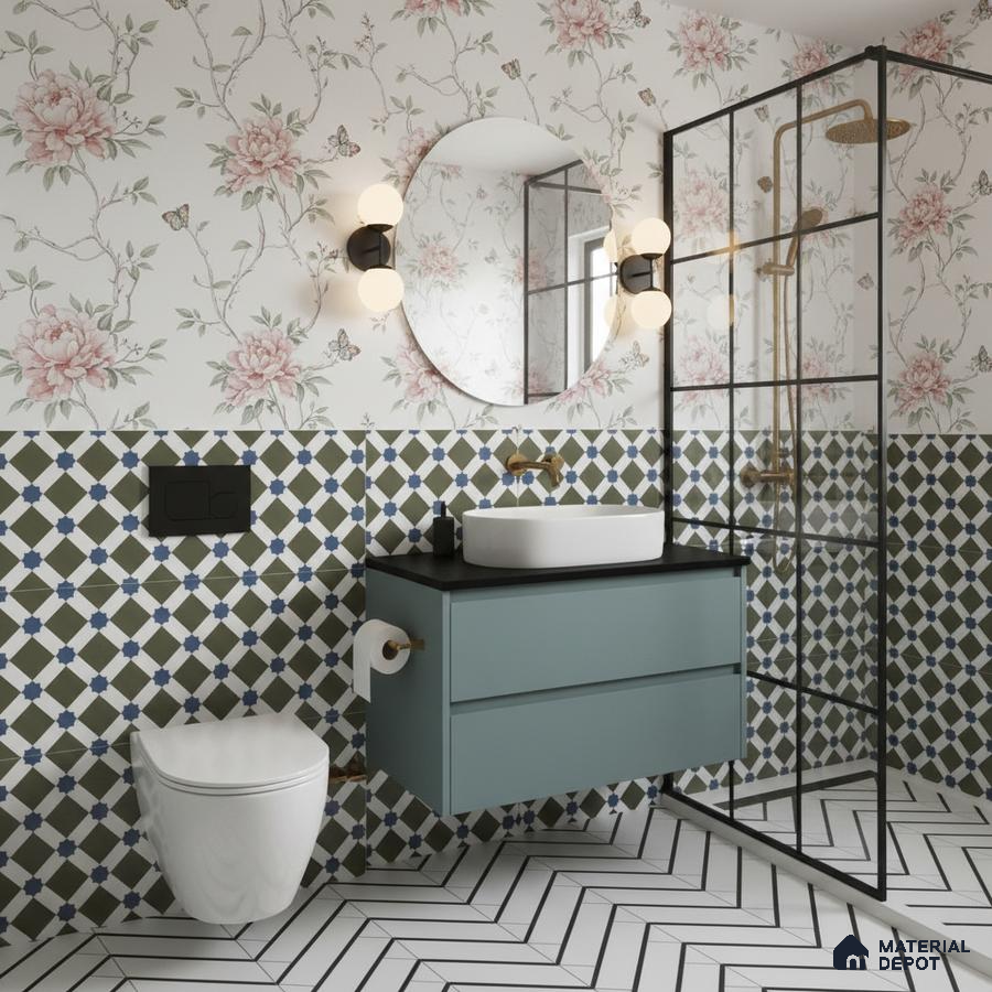 Eclectic bathroom with floral wallpaper, geometric patterned wall tiles, and herringbone floor tiles in Bengaluru | Material Depot