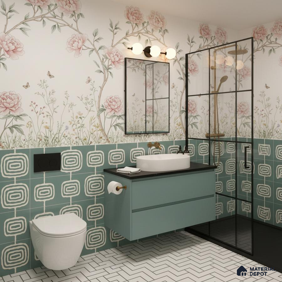 Eclectic bathroom with floral wallpaper, geometric teal wall tiles, and herringbone floor tiles in Bengaluru | Material Depot