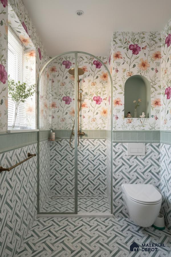 Eclectic bathroom with floral wallpaper, green geometric wall tiles, and patterned floor tiles in Bengaluru | Material Depot