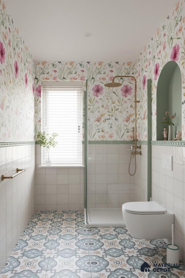 Eclectic bathroom with floral wallpaper, pastel geometric patterned floor tiles, and white wall tiles in Bengaluru | Material Depot