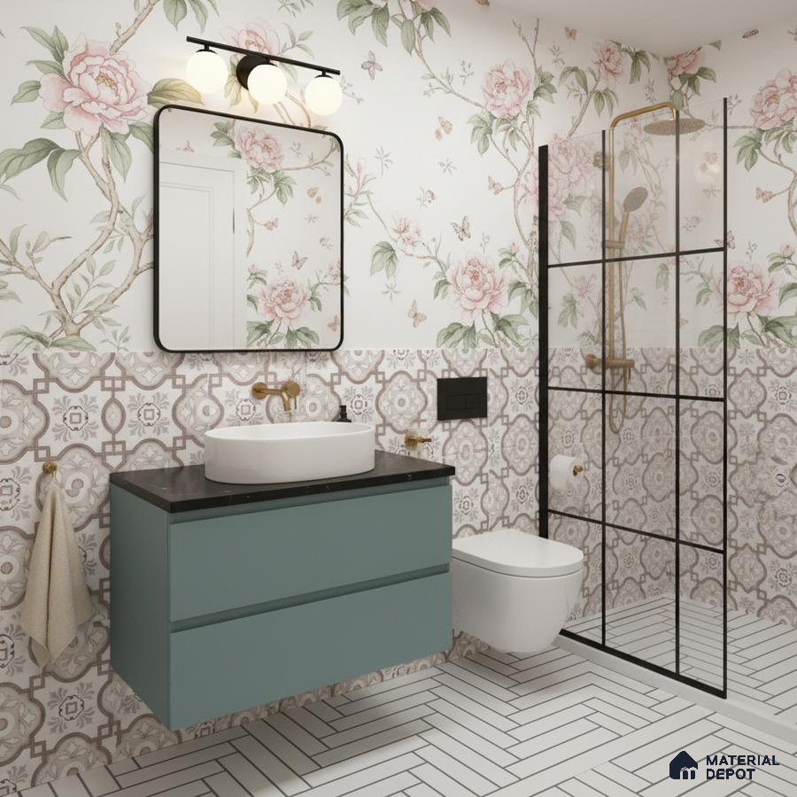 Eclectic bathroom with floral wallpaper, patterned wall tiles, and matte teal vanity in Bengaluru | Material Depot