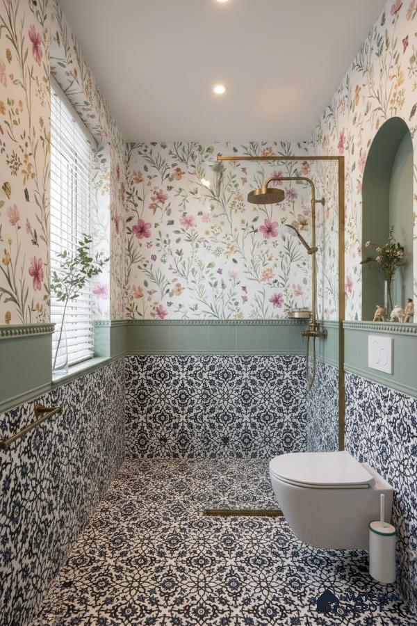 Eclectic bathroom with floral wallpaper, sage green wall tile, and black-and-white moroccan patterned floor and wall tiles in Bengaluru | Material Depot