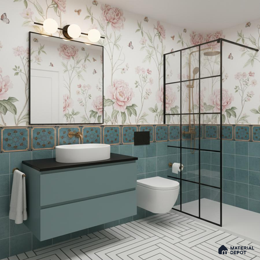 Eclectic bathroom with floral wallpaper, teal patterned wall tiles, and geometric white floor tiles in Bengaluru | Material Depot