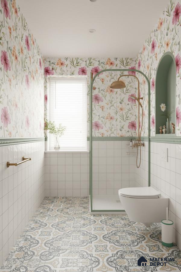 Eclectic bathroom with floral wallpaper, white grid wall tiles, and patterned moroccan floor tiles in Bengaluru | Material Depot