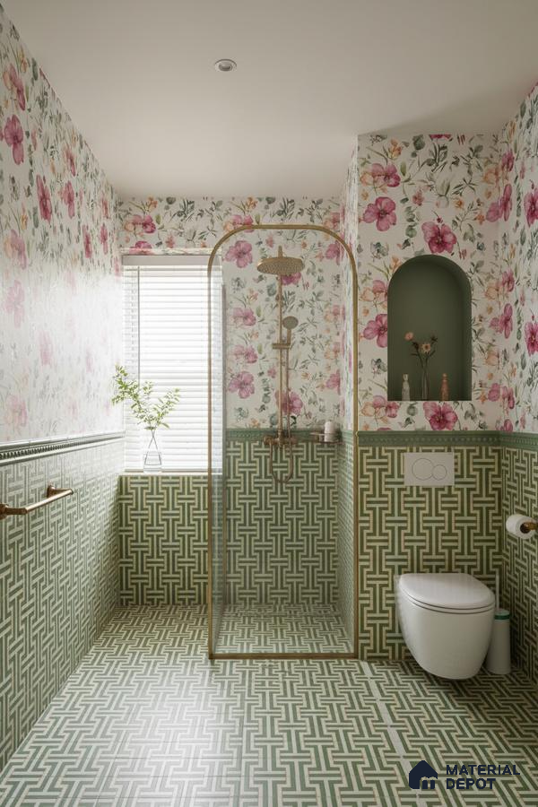Eclectic bathroom with green geometric wall and floor tiles and floral patterned wallpaper in Bengaluru | Material Depot
