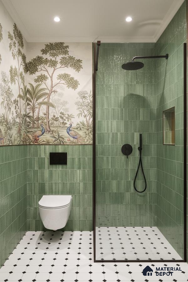 Eclectic bathroom with green kitkat wall tiles, tropical wallpaper, and black-and-white geometric floor tiles | Material Depot