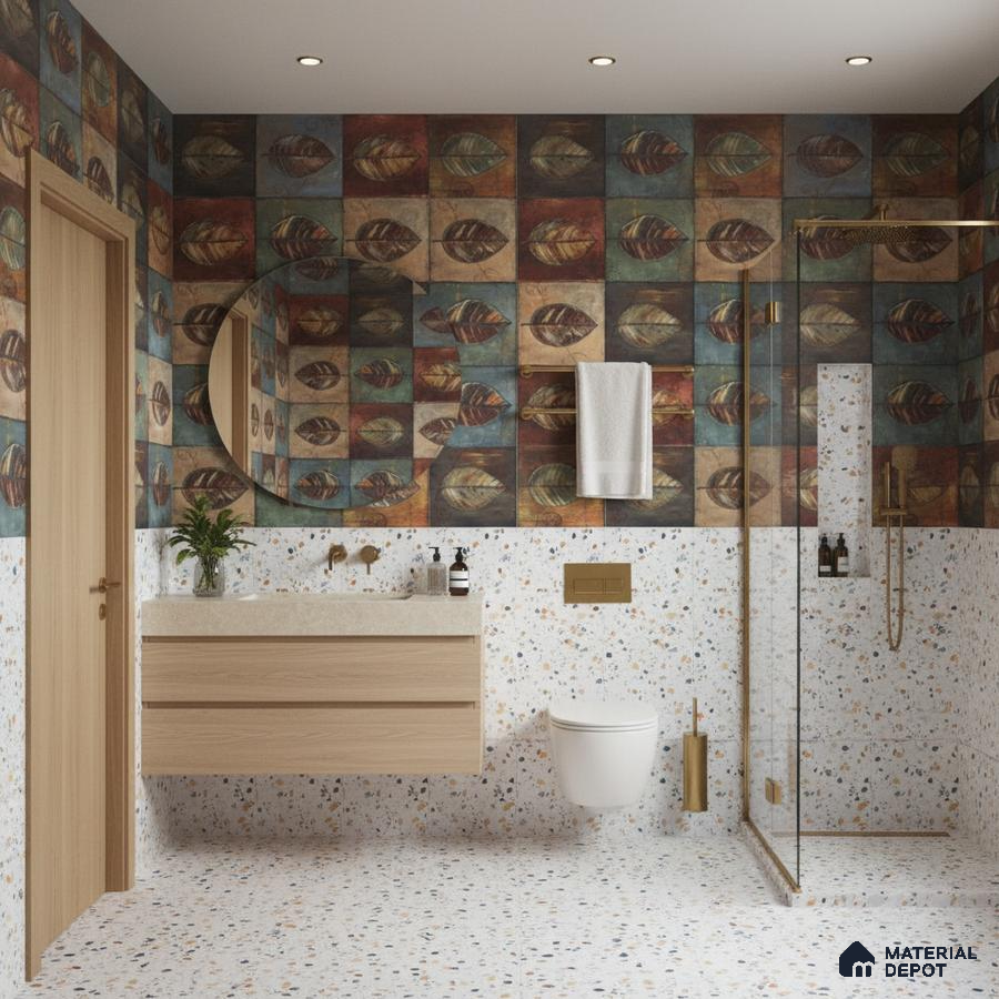 Eclectic bathroom design with leaf-patterned highlighter wall tiles and terrazzo floor and wall tiles in Bengaluru | Material Depot
