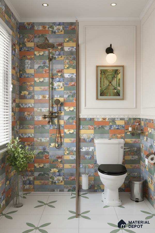 Eclectic bathroom with multicolor floral subway wall tiles and green petal patterned floor tiles | Material Depot