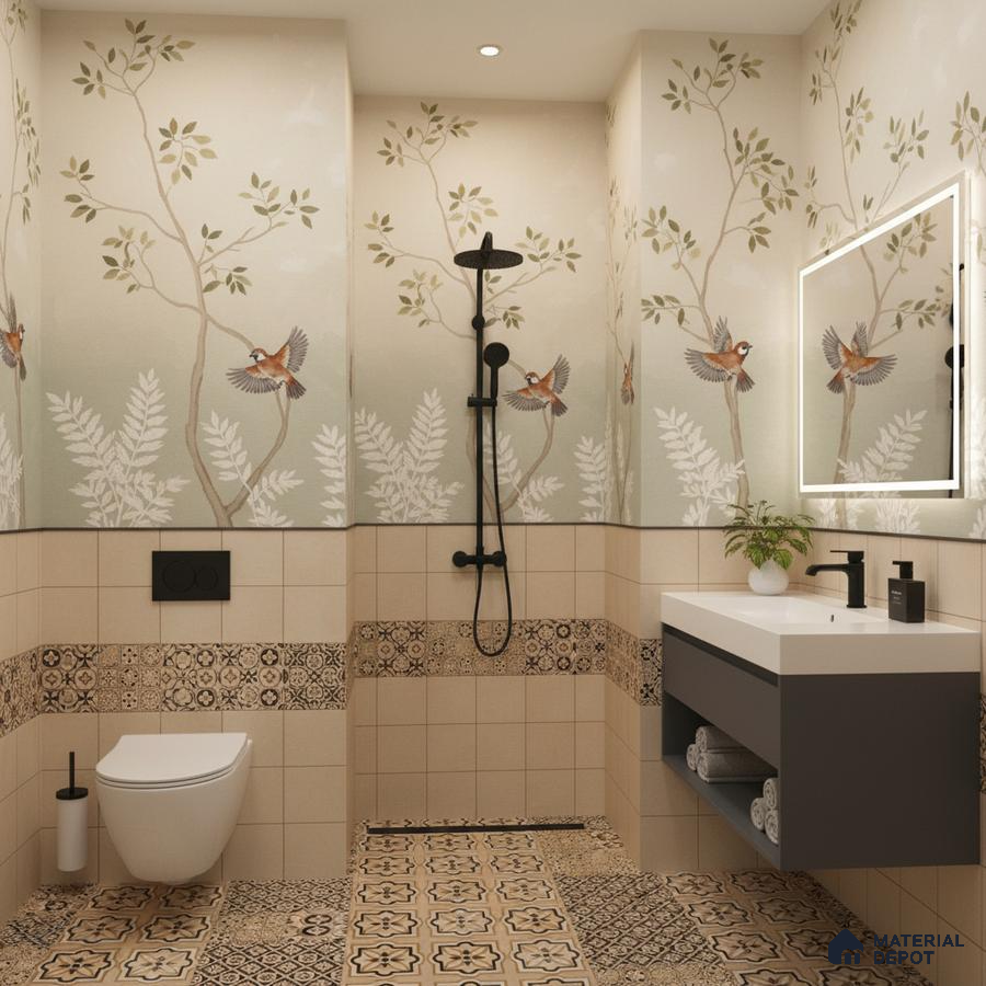 Eclectic bathroom with nature-inspired patterned tiles and chinoiserie wallpaper in Bengaluru | Material Depot
