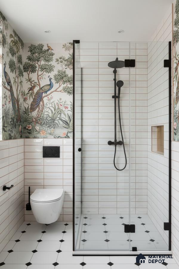 Eclectic bathroom with nature-themed wallpaper, white subway wall tiles, and black-and-white geometric floor tiles | Material Depot