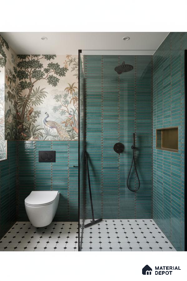 Eclectic bathroom with teal kitkat wall tiles, nature-themed wallpaper, and black-and-white geometric floor tiles | Material Depot