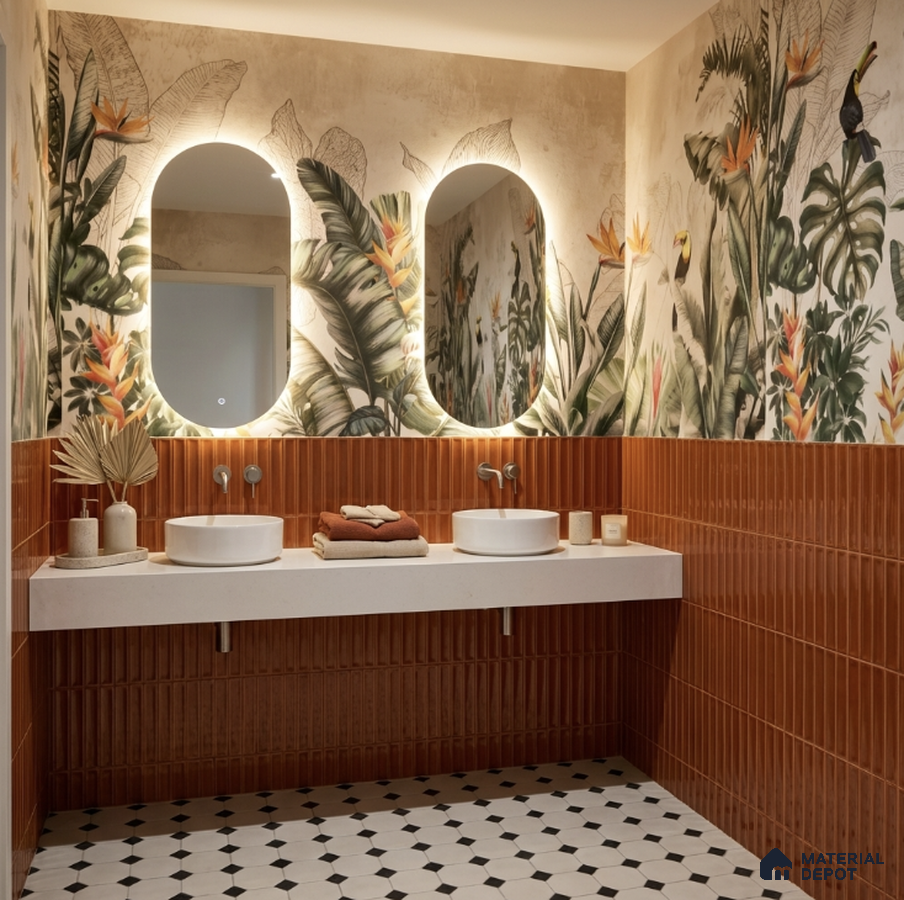 Eclectic bathroom with terracotta fluted wall tiles, tropical floral wallpaper, and black-and-white geometric floor tiles