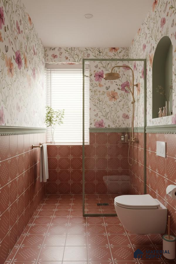 Eclectic bathroom with terracotta patterned tiles and floral wallpaper in Bengaluru | Material Depot