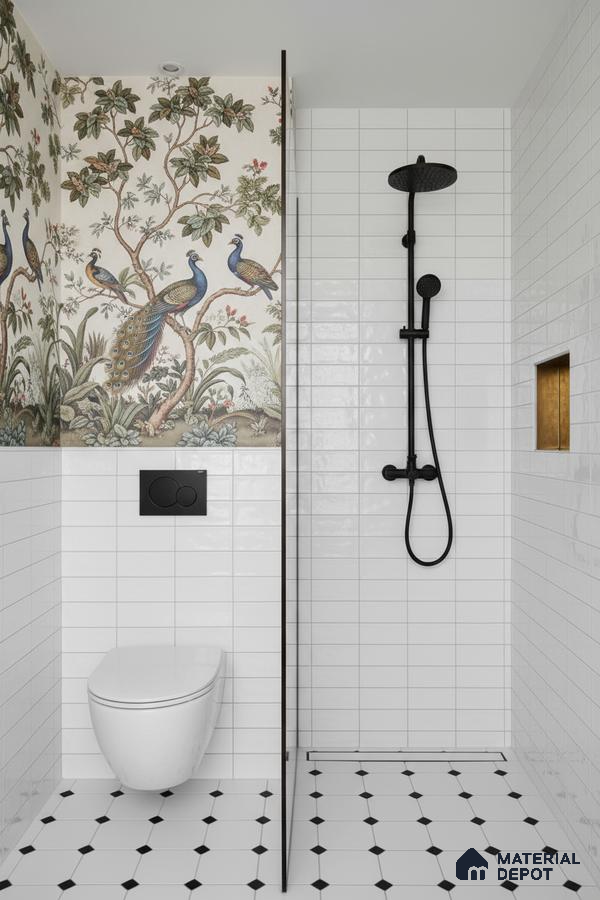 Eclectic bathroom with white subway wall tiles, peacock floral highlighter tile, and black-and-white geometric floor tiles | Material Depot