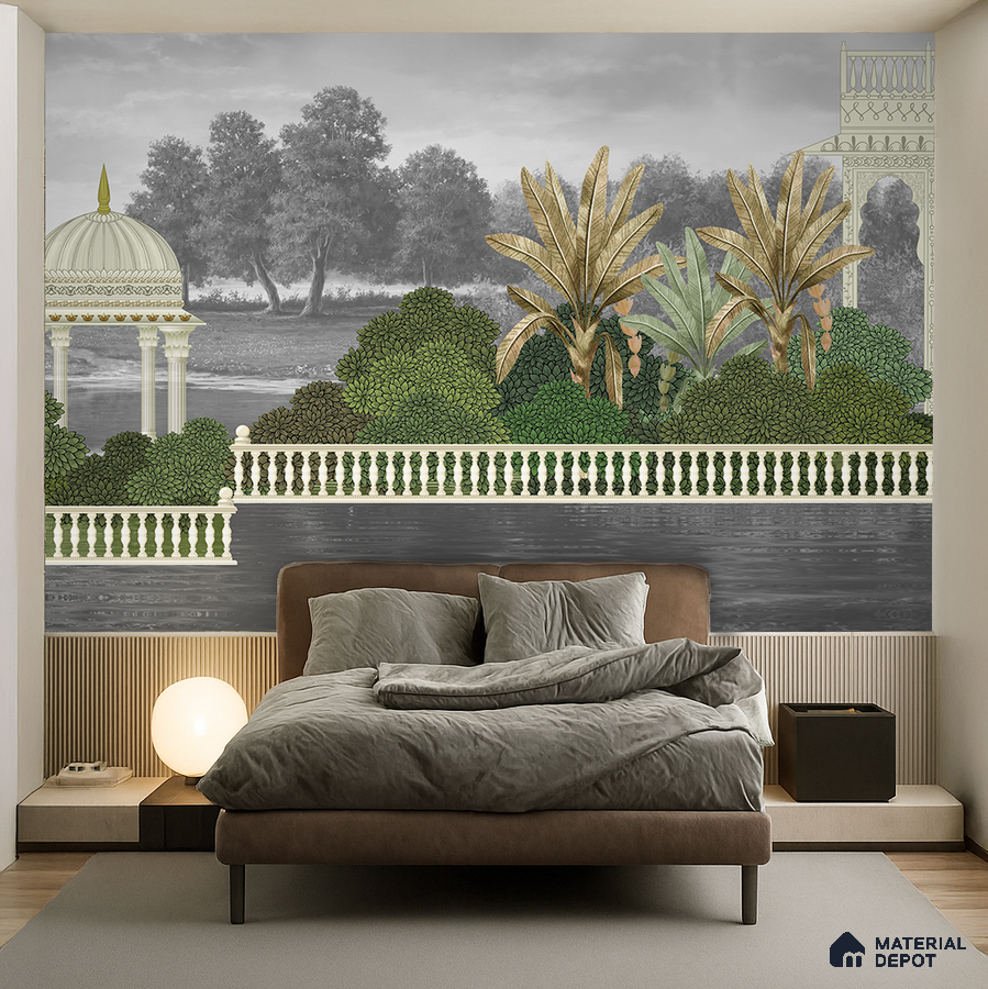 Eclectic bedroom with chinoiserie mural wallpaper, suede upholstered bed, and fluted wood paneling in Bengaluru