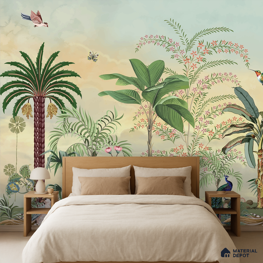Eclectic bedroom with chinoiserie tropical wallpaper and natural wood bed in Bengaluru