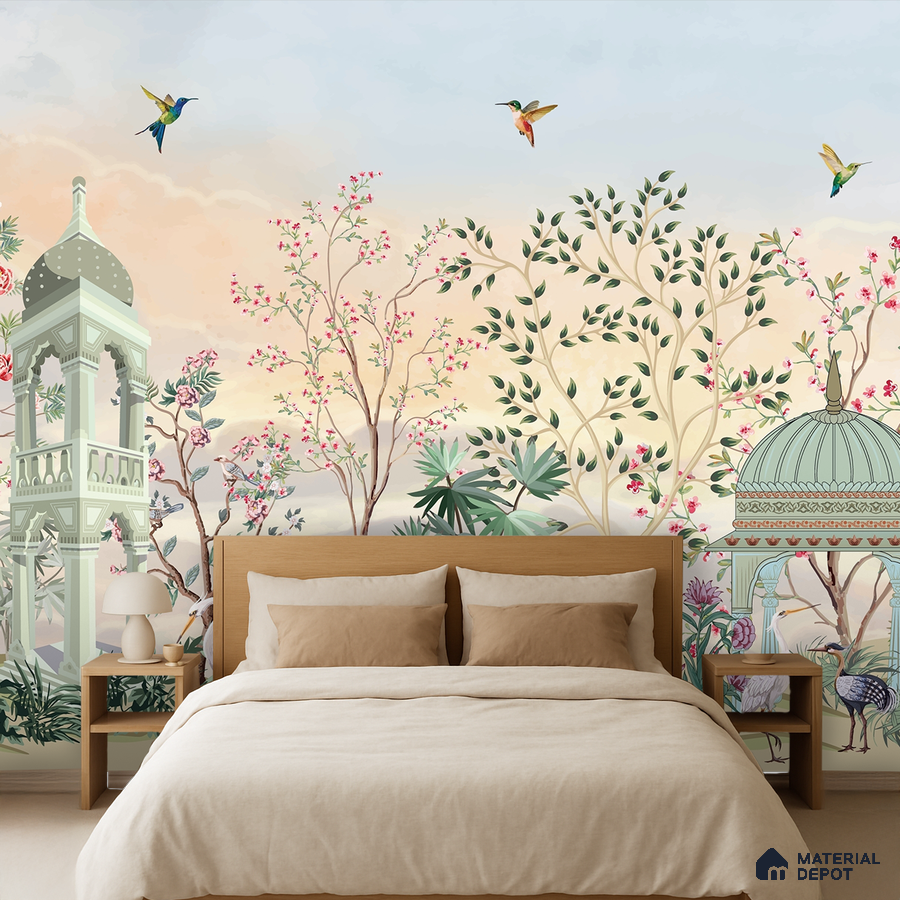 Eclectic bedroom with chinoiserie wallpaper, natural wood bed, and neutral bedding in Bengaluru