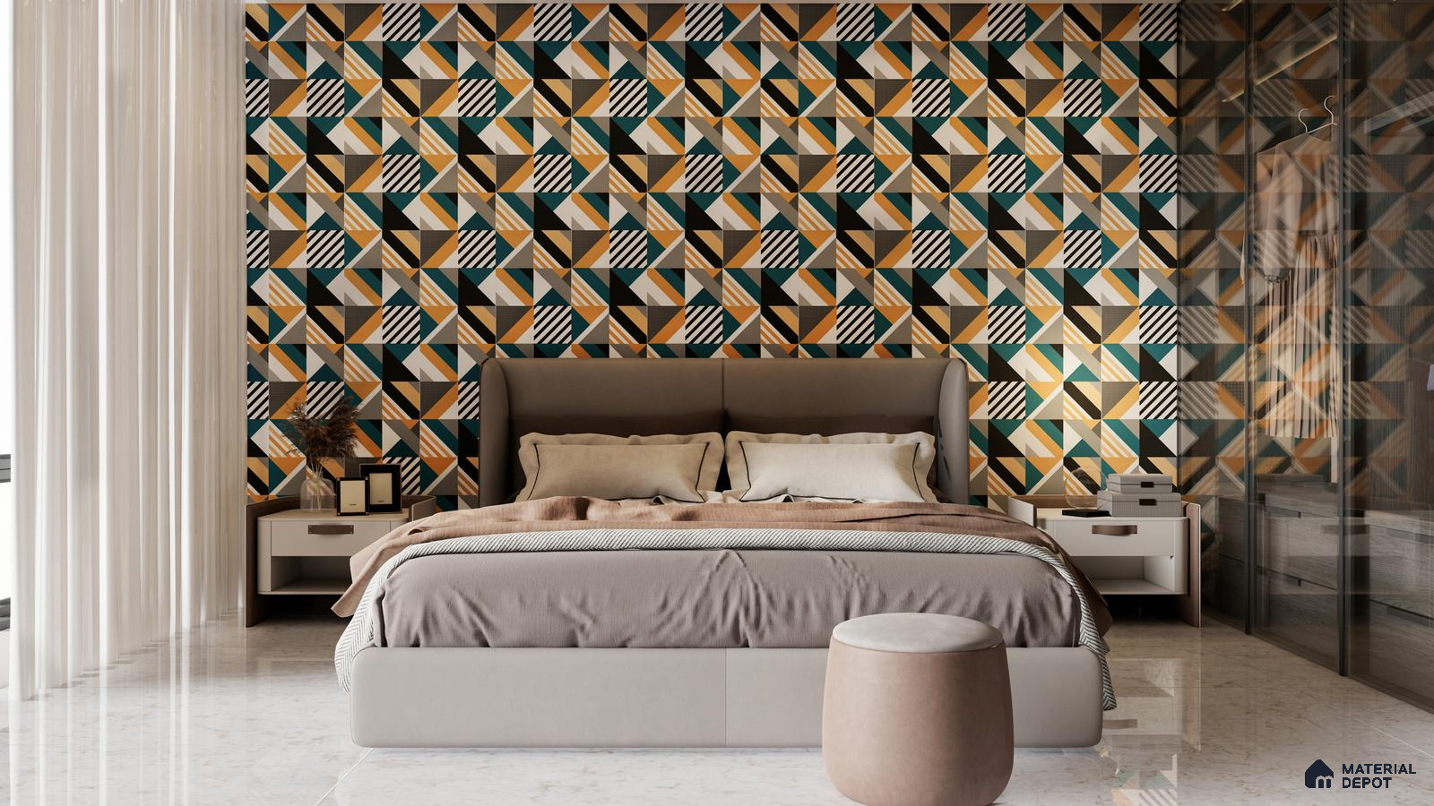 Eclectic Bedroom with Geometric Pattern Accent Wall in Bold Colors | Material Depot