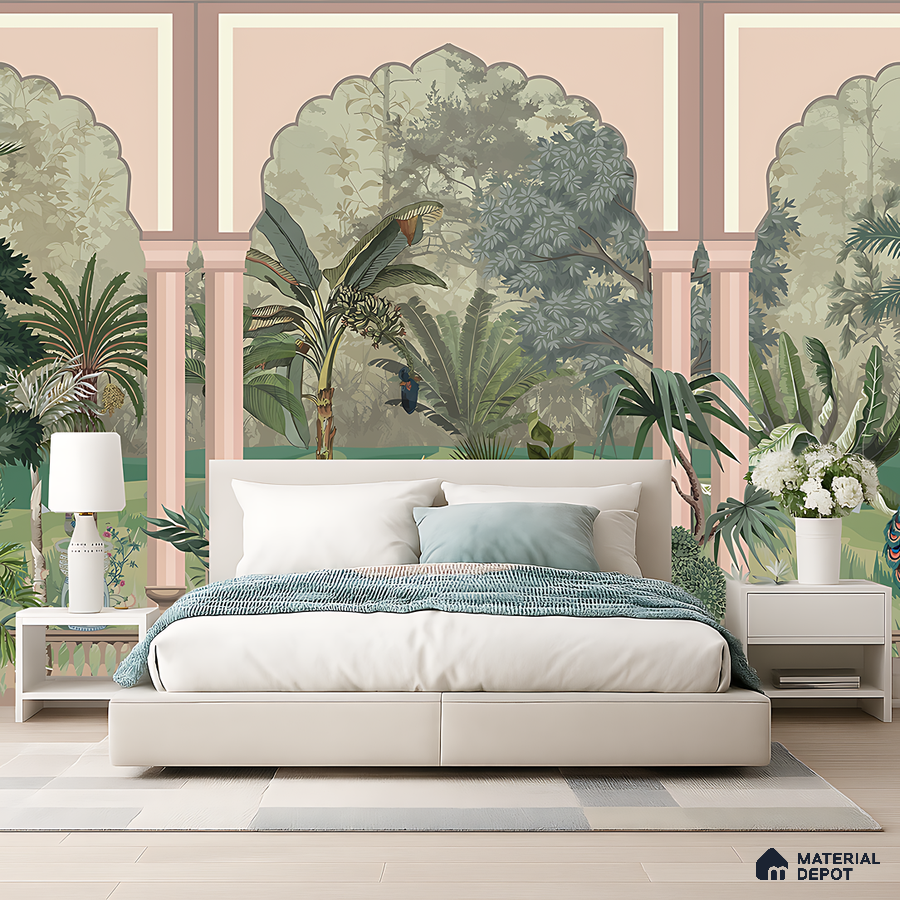 Eclectic bedroom with Indian arch tropical wallpaper and ivory upholstered bed in Bengaluru