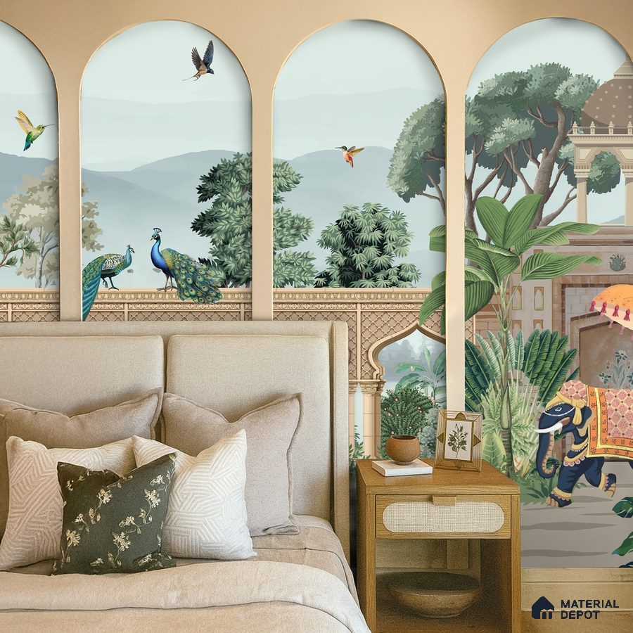 Eclectic bedroom with Indian mural wallpaper and beige upholstered bed in Bengaluru