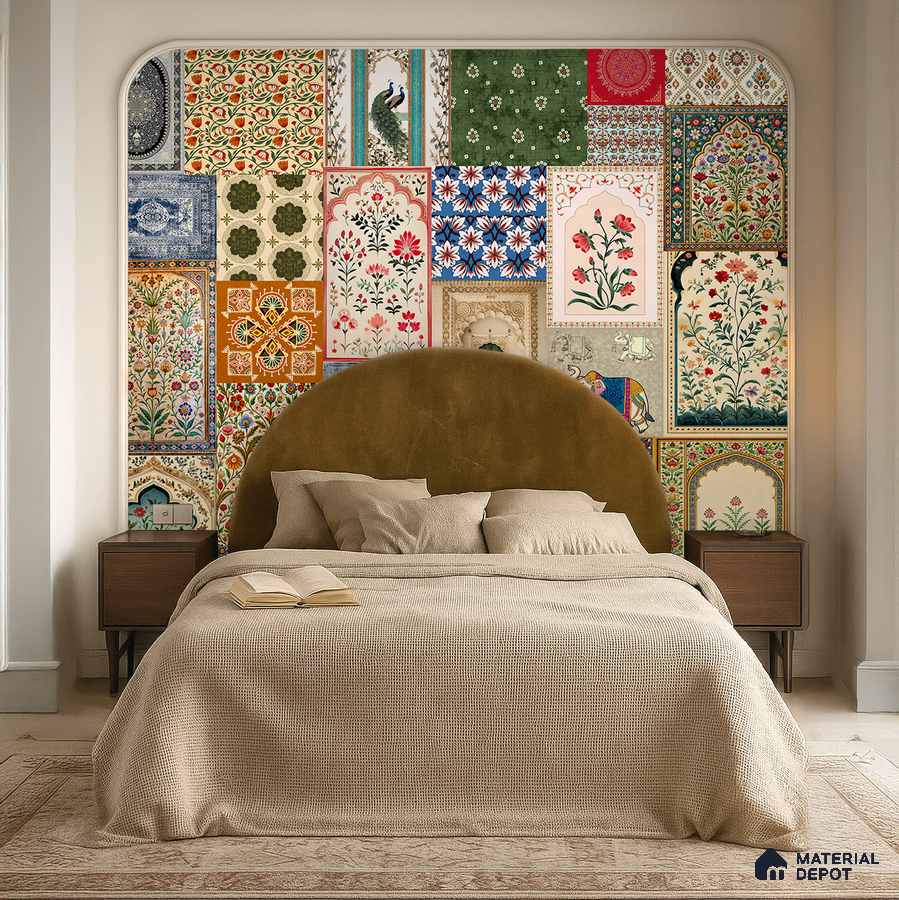 Eclectic bedroom with Indian patterned wallpaper and velvet upholstered headboard in Bengaluru