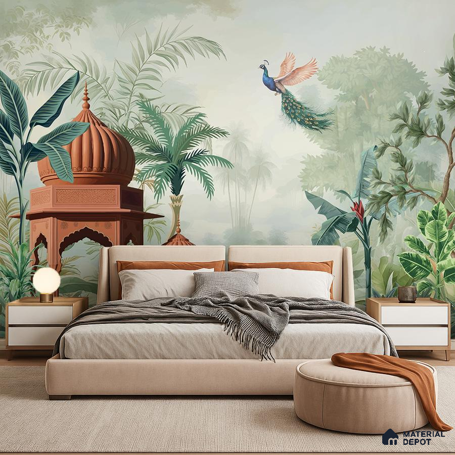 Eclectic bedroom with Indian tropical mural wallpaper and beige upholstered bed in Bengaluru