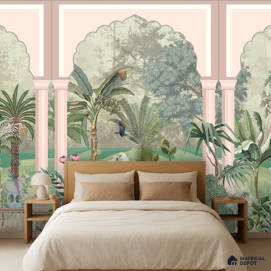 Eclectic bedroom with Indian tropical mural wallpaper and natural wood bed in Bengaluru