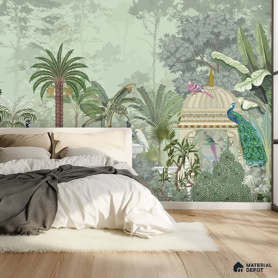 Eclectic bedroom with Indian tropical wallpaper and light oak wooden flooring in Bengaluru