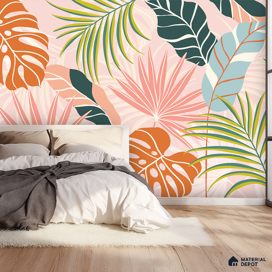 Eclectic bedroom with tropical floral wallpaper and light wood flooring in Bengaluru