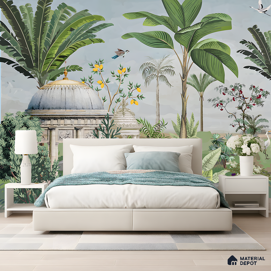 Eclectic bedroom with tropical mural wallpaper and ivory upholstered bed in Bengaluru