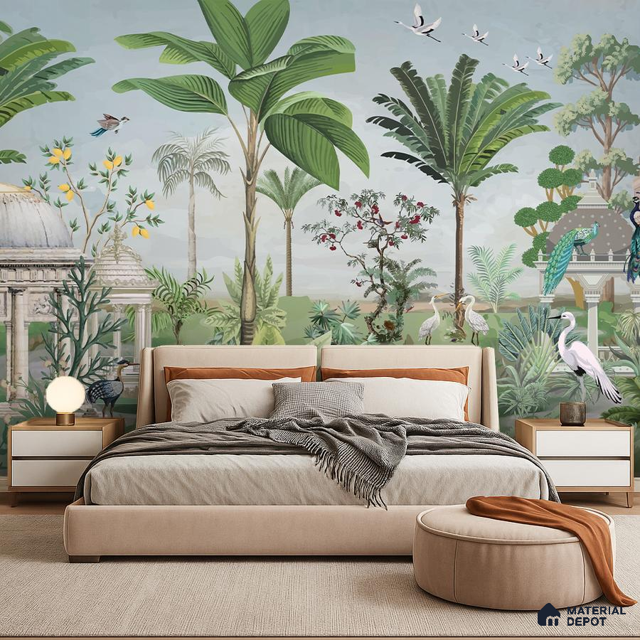 Eclectic bedroom with tropical nature wallpaper and beige upholstered bed in Bengaluru