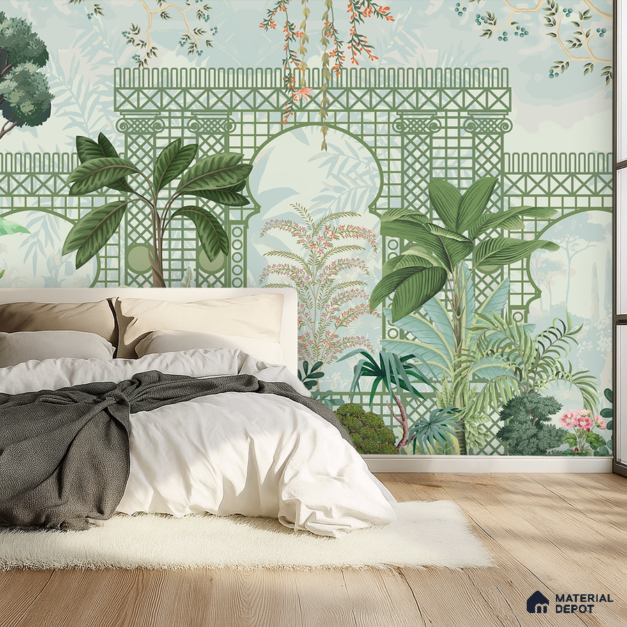 Eclectic bedroom with tropical nature wallpaper and light oak wooden flooring in Bengaluru