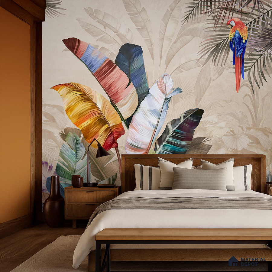 Eclectic bedroom with tropical wallpaper, natural wood furniture, and warm earthy palette in Bengaluru
