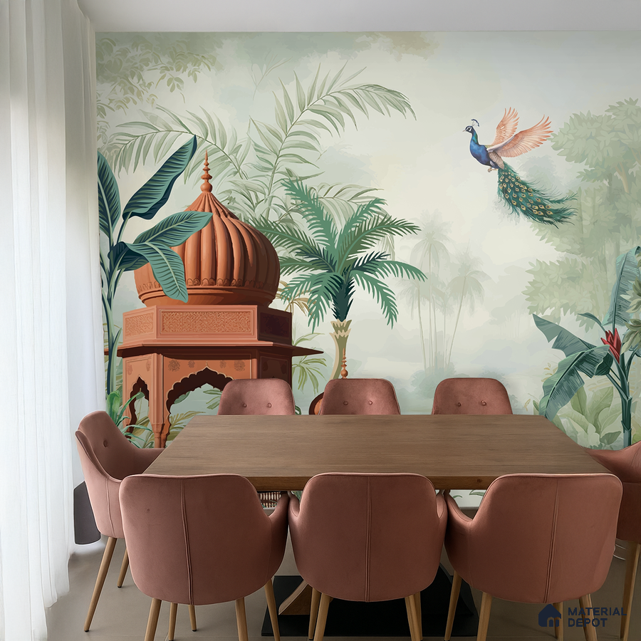 Eclectic dining room with Indian mural wallpaper and blush pink suede chairs in Bengaluru