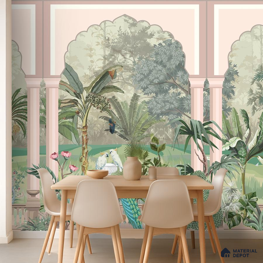 Eclectic dining room with Indian tropical mural wallpaper and light wood dining set in Bengaluru