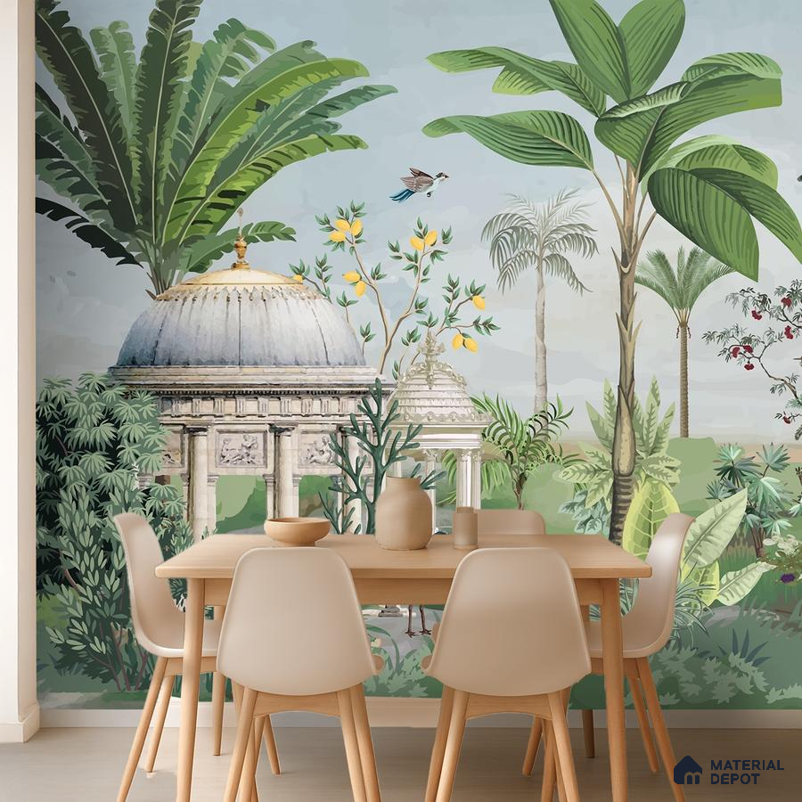 Eclectic dining room with Indian tropical mural wallpaper and light wood furniture in Bengaluru