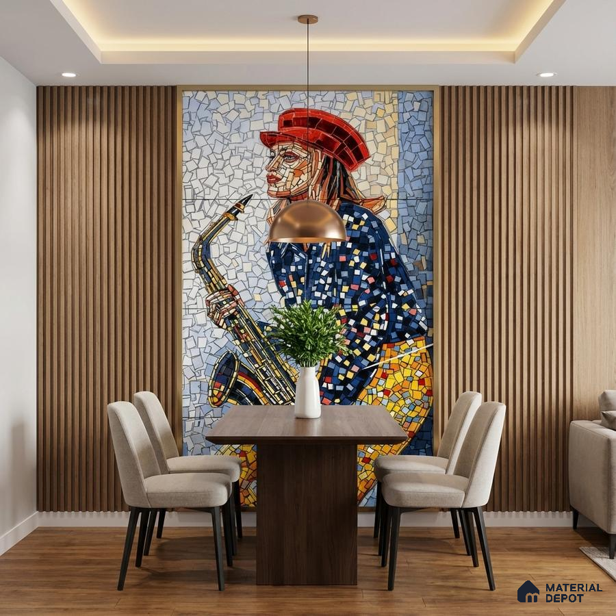 Eclectic dining room with mosaic poster mural tile on wall, wooden louvers, and walnut dining table