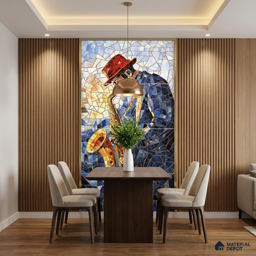 Eclectic dining room with mosaic poster wall tile tile, vertical wood slat panels, and walnut wood flooring
