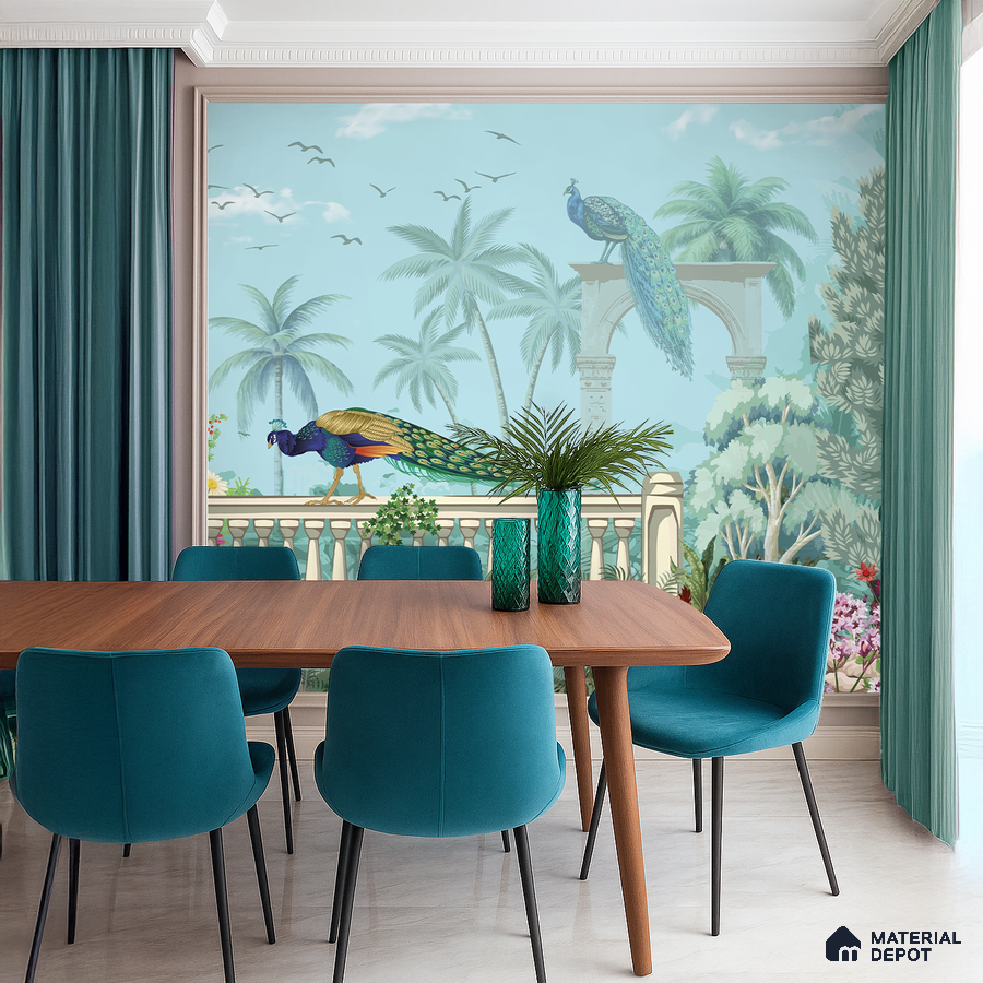 Eclectic dining room with peacock chinoiserie wallpaper, teal upholstery, and wooden dining table in Bengaluru