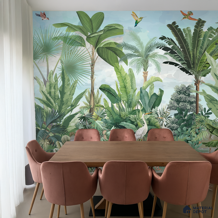 Eclectic dining room with tropical wallpaper and blush pink suede chairs in Bengaluru