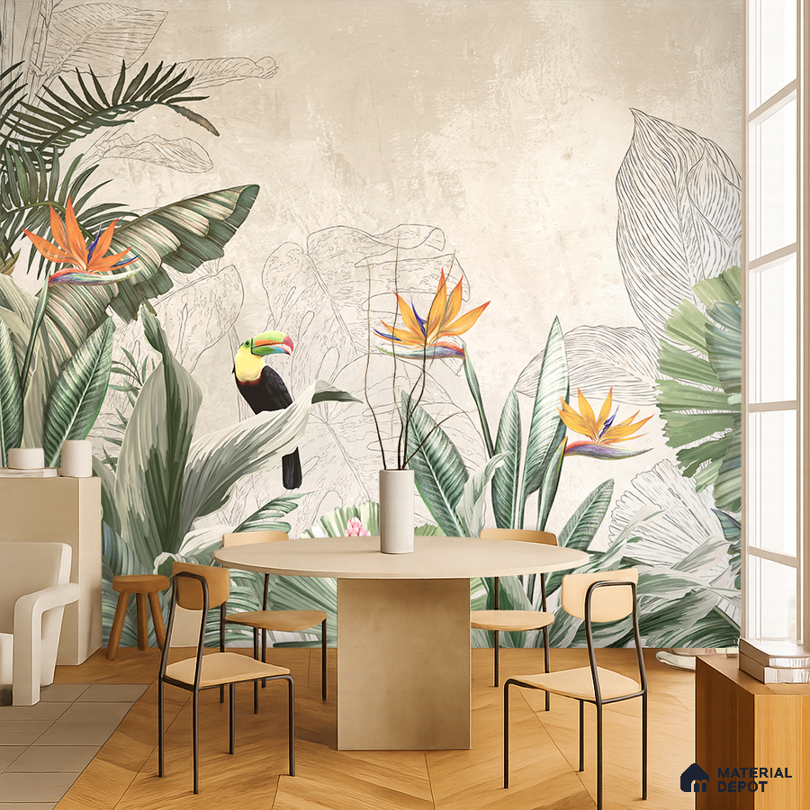 Eclectic dining room with tropical wallpaper and light wood chevron flooring in Bengaluru