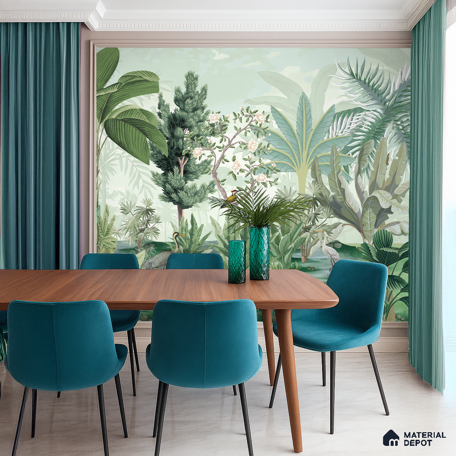 Eclectic dining room with tropical wallpaper, teal upholstery, and walnut wood dining table in Bengaluru